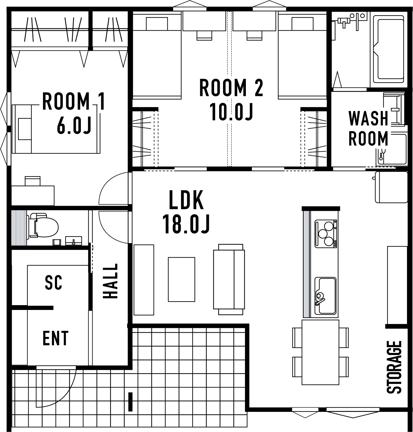 間取り図 3LDK（LDK 18.0帖・ROOM1 6.0帖・ROOM2 10.0帖）